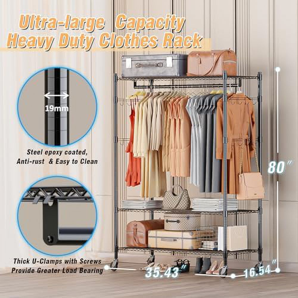 3 Tier Heavy Duty Garment Rack with Wheels, Adjustable Wire Clothes ...