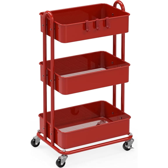 3-Tier Heavy Duty Metal Utility Rolling Cart, Red