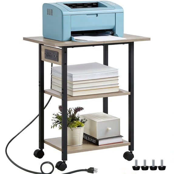 3 Tier Leyaoyao Printer Stand, Computer Tower Stand with Industrial Lockable Wheels & Storage Drawer Large Mobile Table for Home Office Multi-Equipment Organization, Oak