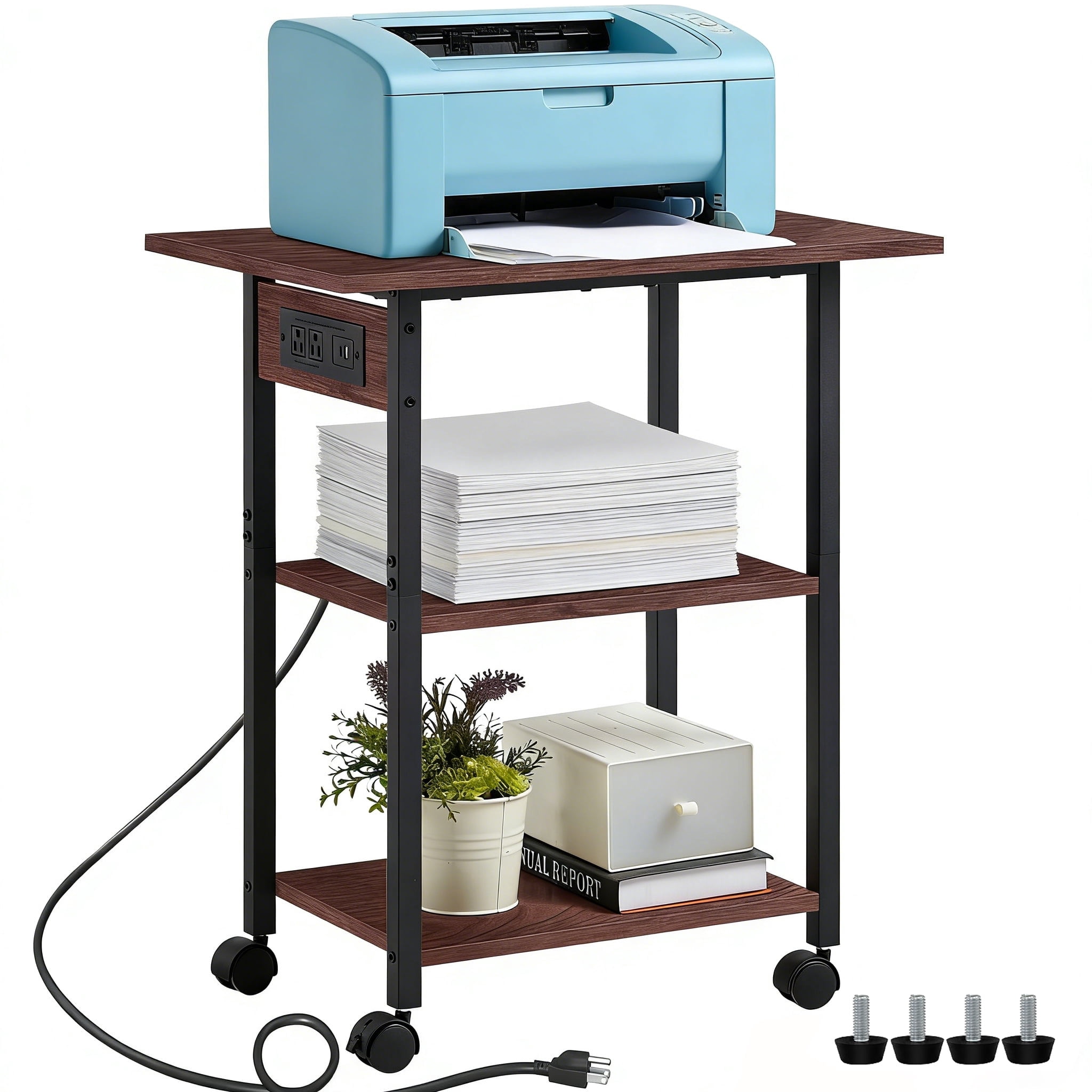 Leyaoyao 3 Tier Heavy Duty Printer Stand, Computer Tower Stand with Industrial Lockable Wheels, Large Mobile Table for Home Office Multi-Equipment Organization, Walnut