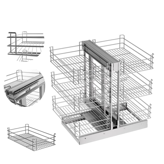 3 Tier Heavy Duty Pull Out Cabinet Organizer, 108 LBS Load Stainless Steel Storage Baskets with Dual Slides, for Commercial & Household Kitchen