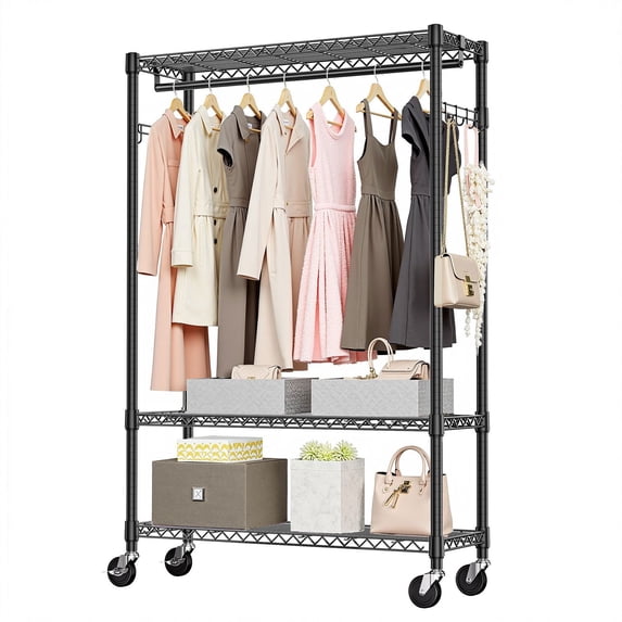 3 Tier Heavy Duty Rolling Garment Rack Wire Clothes Rack for Bedroom ...