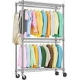 thumbnail image 1 of 3-Tier Heavy Duty Rolling Garment Rack, Chrome Metal Freestanding Closet Wardrobe Rack with Double Rods and Side Hooks, 15.7" D x 45.3" W x 79.6" H, 1 of 12