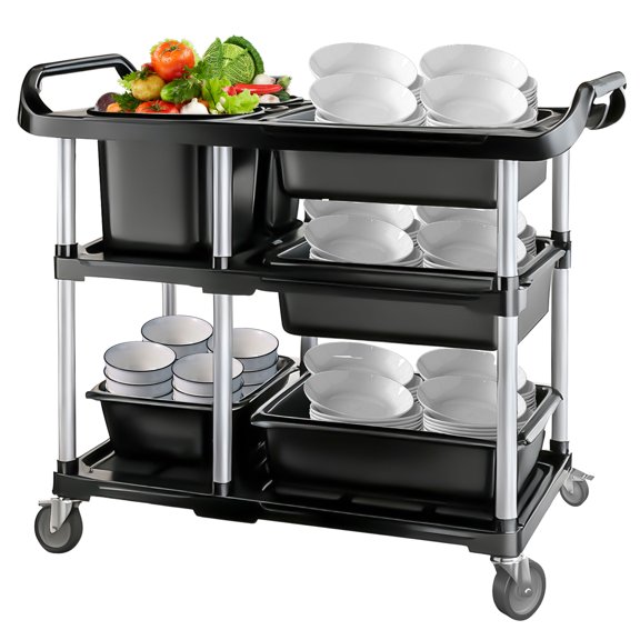 3-Tier Heavy Duty Rolling Restaurant CartUtility Service Cart with 4 Basins & 2 Barrels, Commercial Food Cart for Hotel & Kitchen