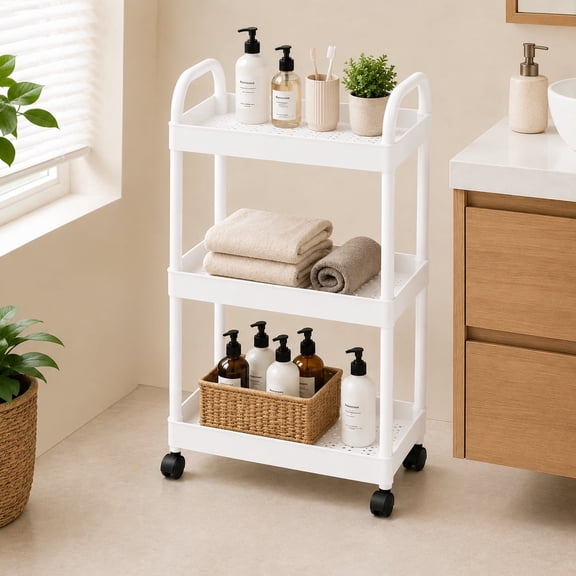 SHOPKINGL Modern 3-Tier Heavy Duty Rolling Storage Trolley, White, 1-Pack