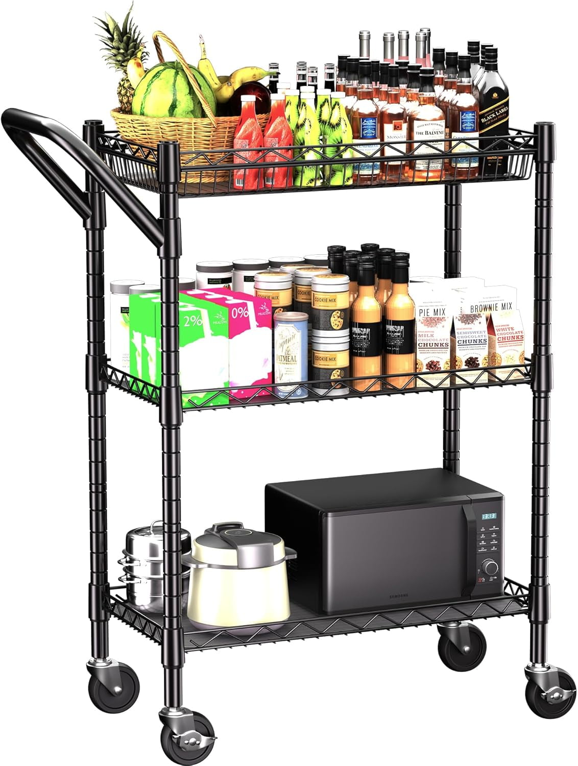 3 Tier Heavy Duty Rolling Utility Cart,18"D x 23.8"W x 36.6"H Rolling