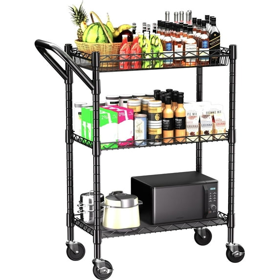 3 Tier Heavy Duty Rolling Utility Cart,18" D x 23.8" W x 36.6" H Rolling Carts with Wheels,Commercial Grade Metal Cart with Handle Bar & Shelf Liner,Trolley Serving Storage Cart for Kitchen Black