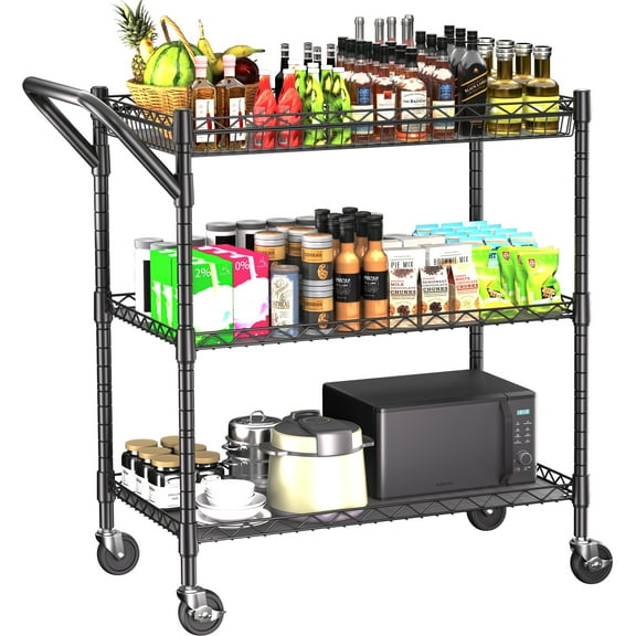3 Tier Heavy Duty Rolling Utility Cart,18" D x 30" W x 36.6" H Rolling Carts with Wheels,Commercial Grade Metal with Handle Bar & Shelf Liner,Trolley Serving Storage Cart for Kitchen Black