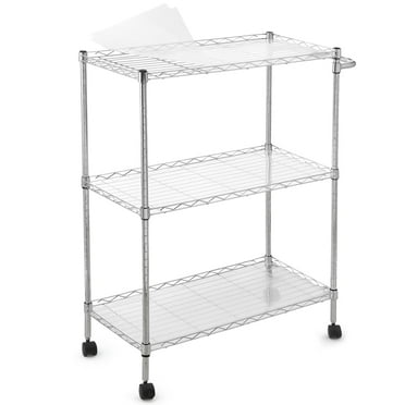 3 Tier Heavy Duty Rolling Utility Cart, Commercial Grade Rolling Carts with Wheels, Handle Bar, Shelf Liner, Trolley Serving Cart for Kitchen, Silver