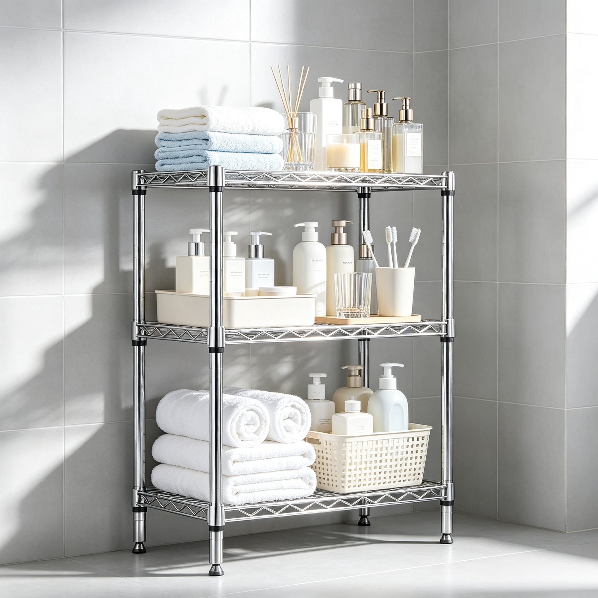 3-Tier Heavy-Duty Steel Storage Shelves – Chrome Wire Rack, 23.6