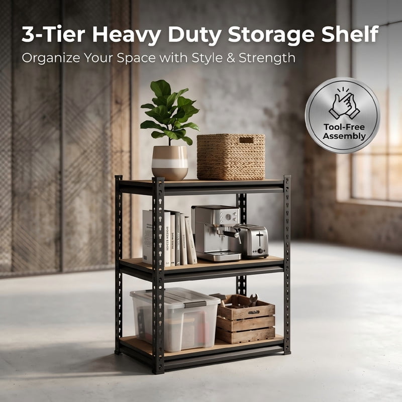 3-Tier Heavy Duty Storage Shelf, Adjustable Metal Shelving Unit with MDF Board, Boltless Tool-Free Assembly Utility Rack for Kitchen, Pantry, Small Spaces, 450 LBS Capacity, Black