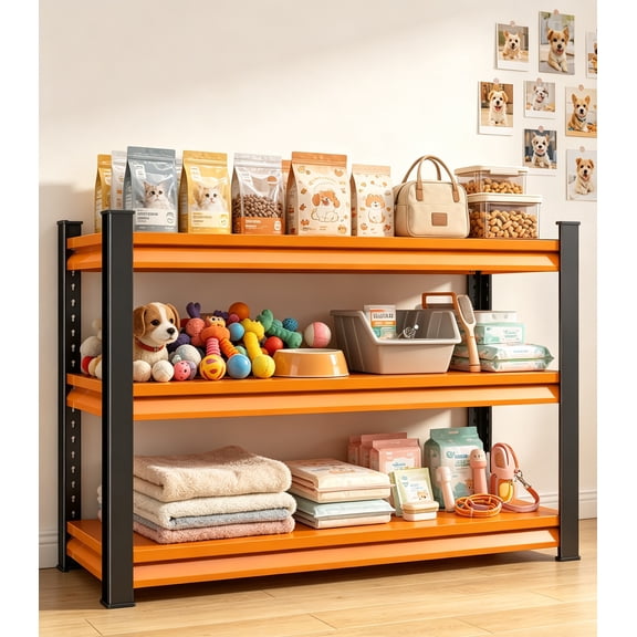 3-Tier Heavy-Duty Utility Shelving 40" Wide, 1,350 lbs Capacity, Adjustable Freestanding Rack, Black & Orange, 40"x18"x36"