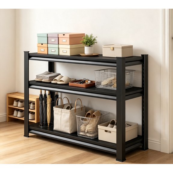 3-Tier Heavy-Duty Utility Shelving 40" Wide, 1,500 lbs Capacity, Adjustable Freestanding Rack, Black, 40"x16"x36", for Kitchen, Pantry, Basement