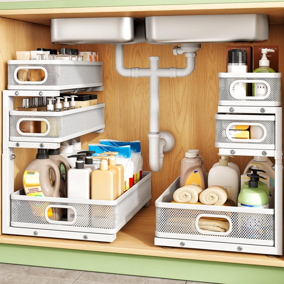 3-Tier Height Adjustable Pull Out Cabinet Shelf White 1 Pack For Home ...