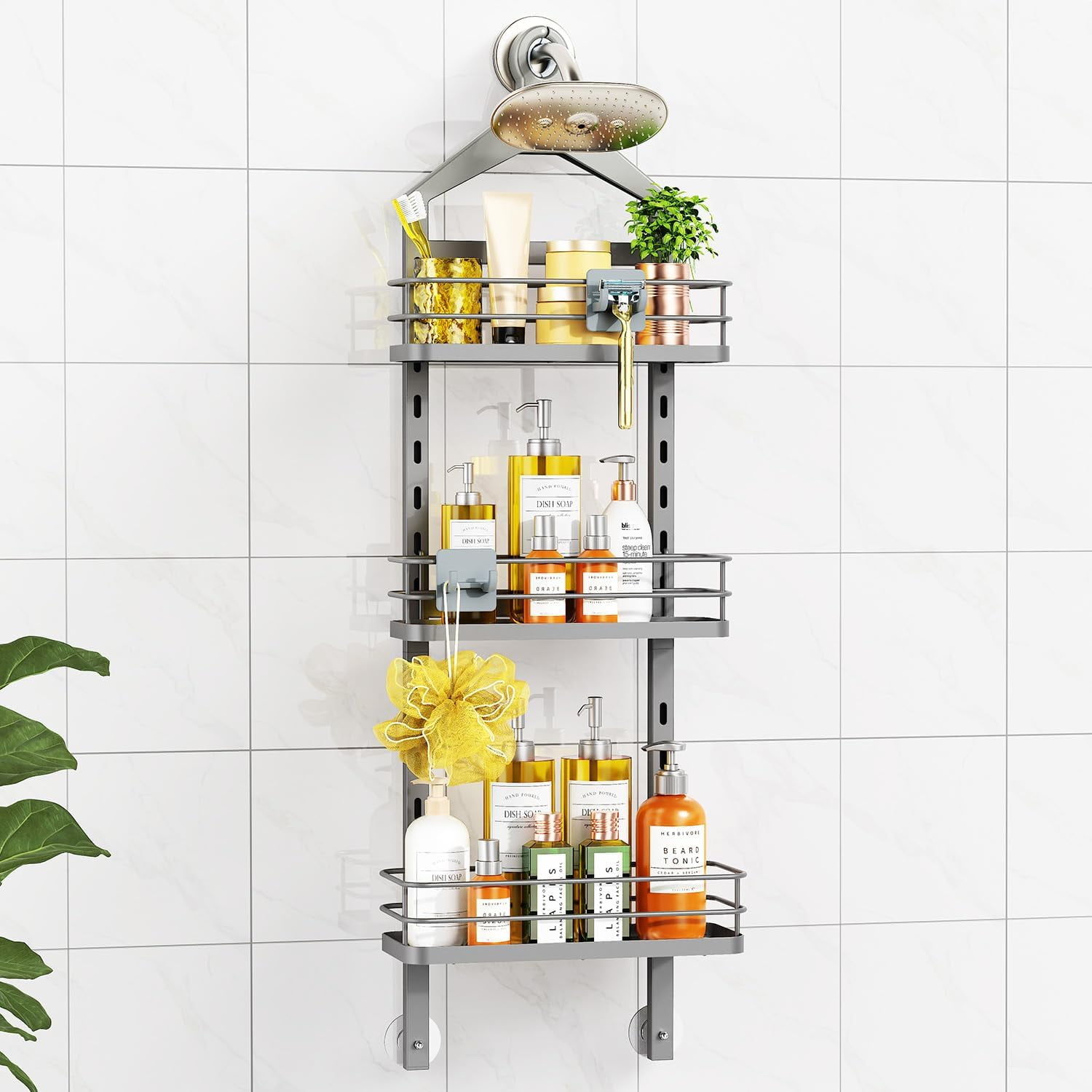 3 Tier Height-Adjustable Shower Caddy Hanging Anti-Swing-Over The Shower Head Caddy-Showe r Storage Organizer Bathroom Shelves Basket Caddies-Grey