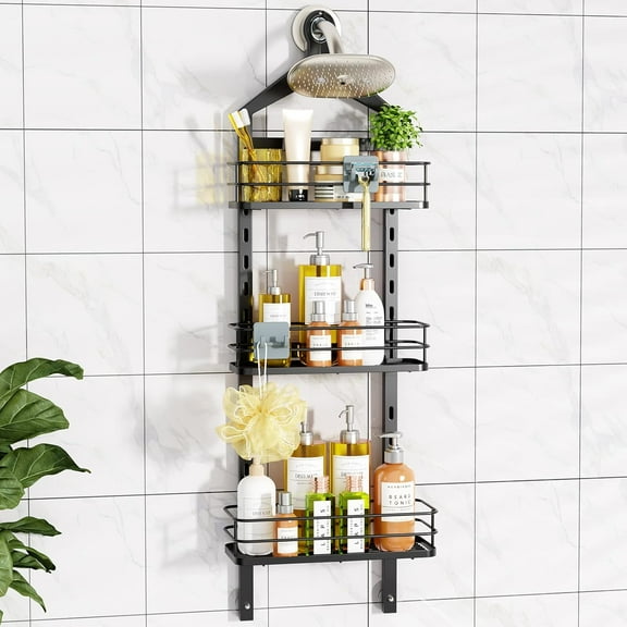 3 Tier Height-Adjustable Shower Caddy Hanging Hanger Anti-Swing-Over The Shower Head Caddy-Shower Storage Organizer Bathroom Shelves Basket Shower Caddies-Black,11.9" x 4.84" x 36.2"