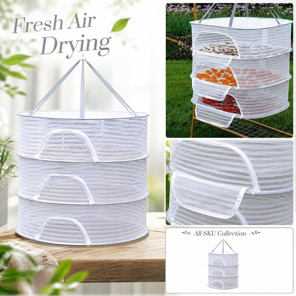 3-Tier Herb Drying Rack, Foldable Drying Rack Mesh Basket for Vegetables Fruits Fish, Stackable Food Dehydrating Net for Indoor Outdoor
