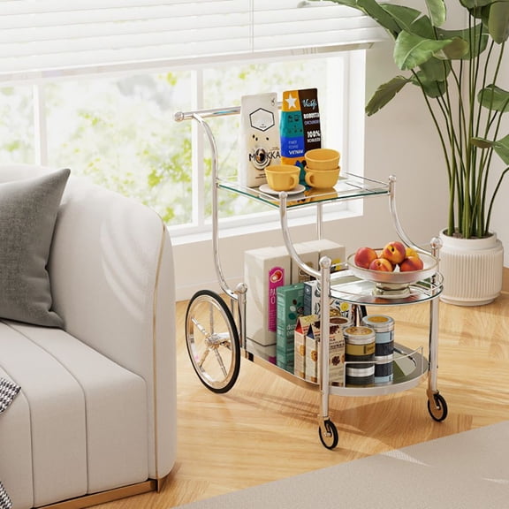 3-Tier Home Bar Serving Cart on Wheels, Stylish Mirrored Shelves Mobile Beverage & Snack Trolley