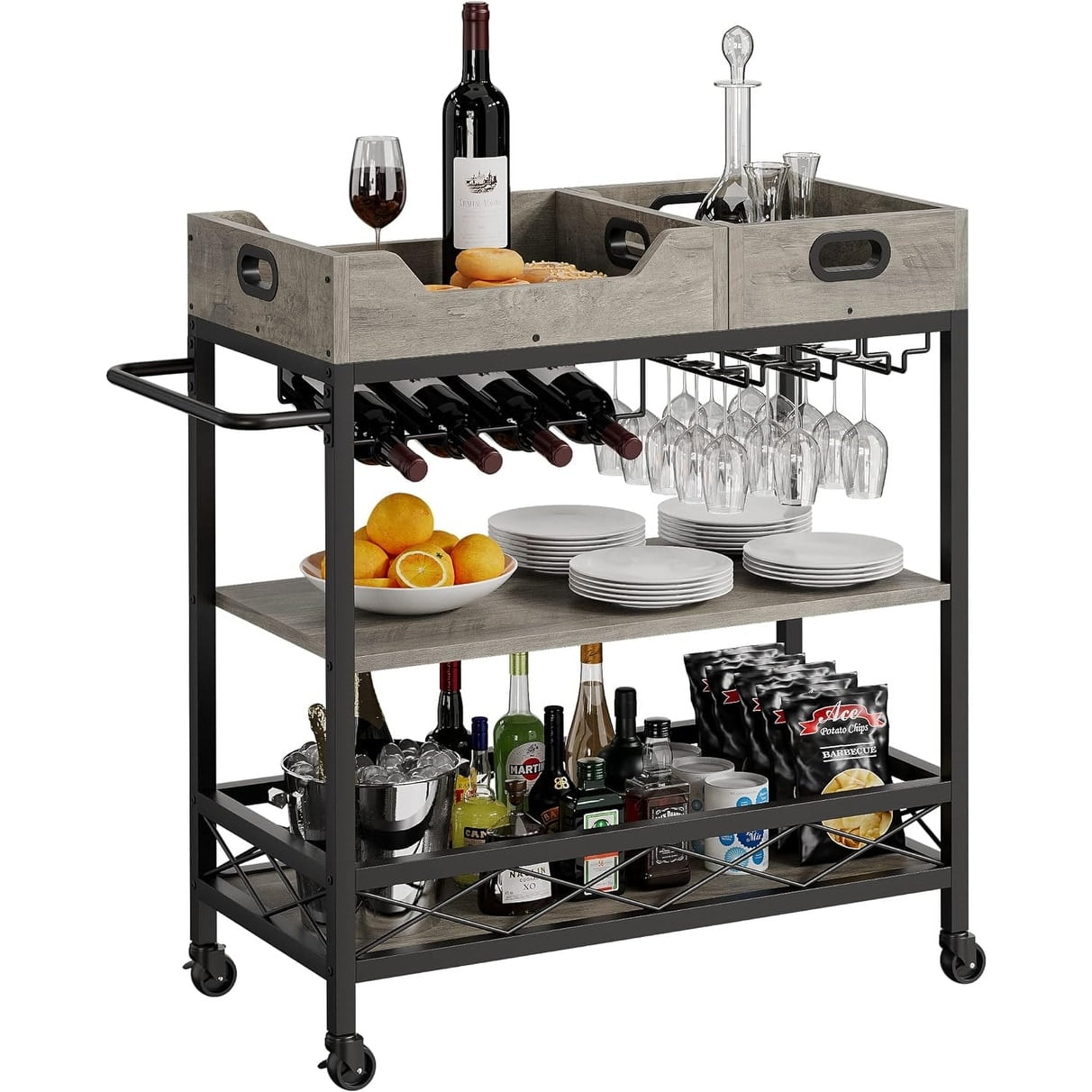 Grey Industrial Metal and MDF 3-Tier Bar Cart with Wine Rack