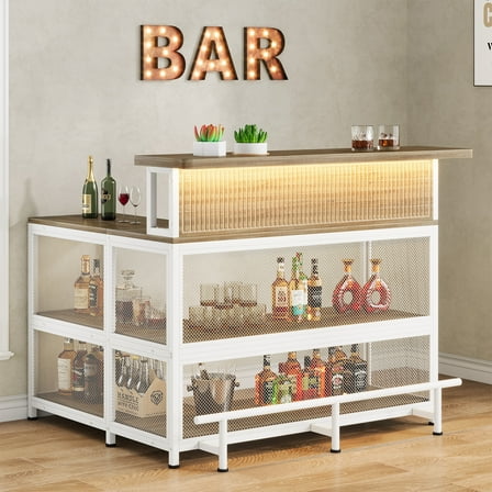 3-Tier Home Bar Unit, L-shaped Wine Bar with LED Lights, Modern Bar Table with Wine Glasses Holder, White