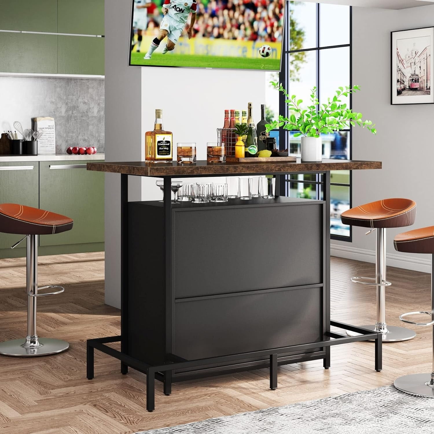 Black and Brown 3-Tier Home Bar Unit with Glass Holder