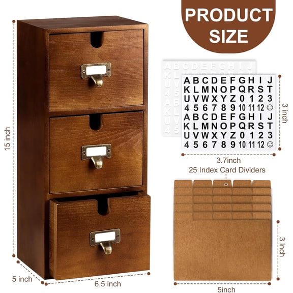 3 Tier Index Card Holder 3x5 Wooden Card Catalog Box with 3 Drawers Brown Index Card Storage Box Flash Card Holder 25 Index Card Dividers 2 Letter Smile Stickers for Office