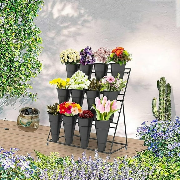 3 Tier Indoor Flower Stand Frame Flower Cart with 12pcs Buckets, Metal Plant Display Stands with Wheels - Moving Florist Flower Display Stand for Patio Garden Flower Shop Flower Bar