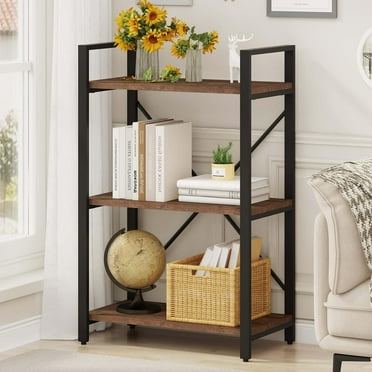 3 Tier Industrial Bookshelf, Office Small Open Book Shelf for Small Space, Short Narrow Wooden Etagere Bookcase for Living Room, Bedroom and Kitchen (Rustic Oak)