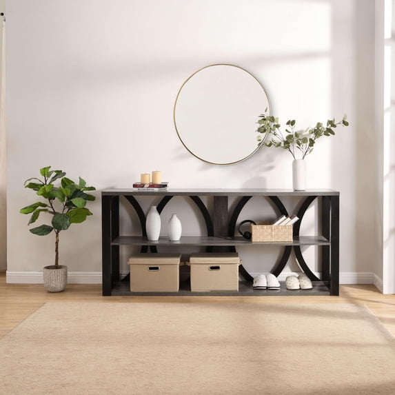 3-Tier Industrial Console Table,70.87 inch, Narrow Entry Table Long Table with Storage for Entryway, Living Room, Foyer, Hallway, Black