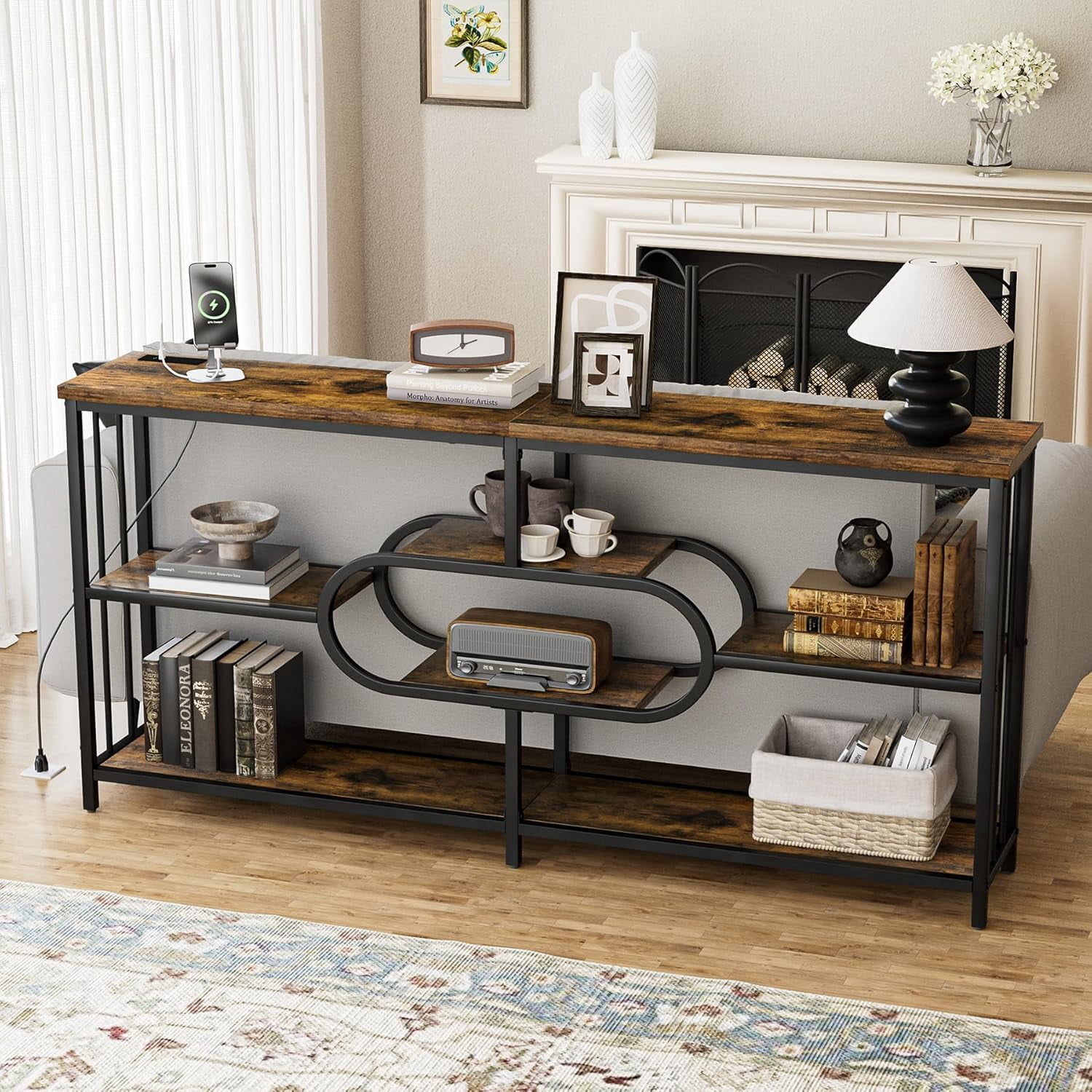 View of 3-Tier Industrial Console Table with Storage Shelves for Living Room Entryway, 70.9-Inch Long ...