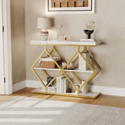 3-Tier Industrial Console Table with Diamond Metal Frame Open-Shelf Entryway Accent Table for Foyer, Hallway, or Living Room Storage White