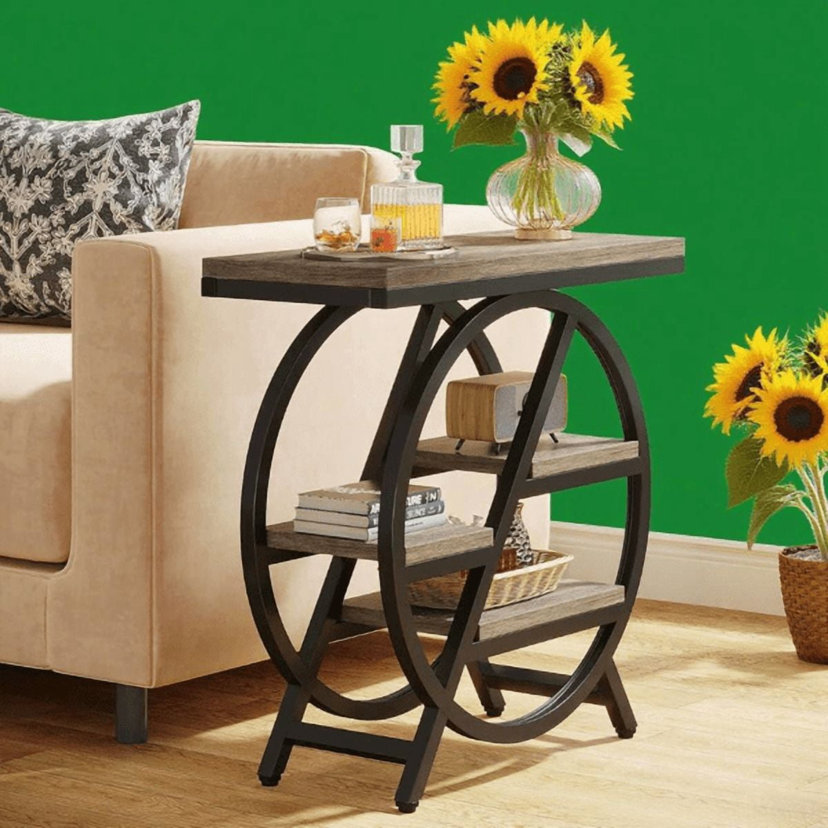 3-Tier Industrial End Table, Slim Side Table with Open Storage Shelves, Wood & Metal Frame for Living Room/Bedroom/Office