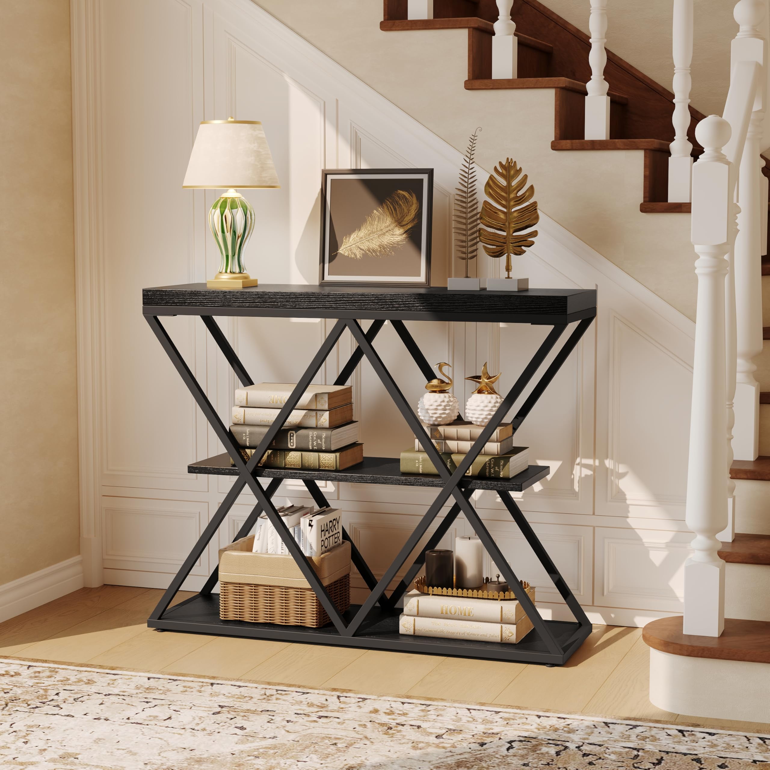 3-Tier Industrial Entryway Console Table - X-Shaped Metal Frame & Open Storage Shelves, Ideal Hallway Accent Table