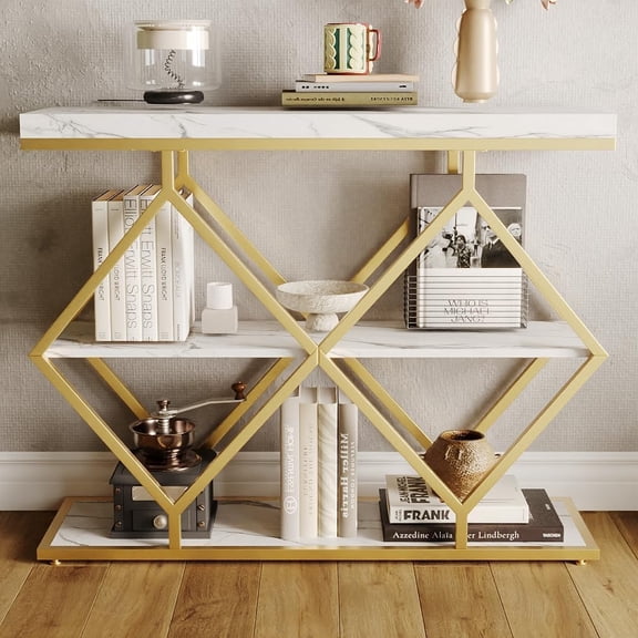3-Tier Industrial Entryway Table with Diamond-Shaped Metal Frame, Open Shelf Console Sofa Table for Living Room, Hallway, Foyer Storage Accent Table with Adjustable Feet, Rustic Wood Top (White)