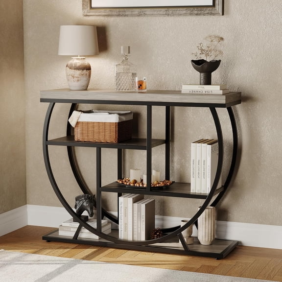 3-Tier Industrial Entryway Table with Semicircular Metal Frame, Open Shelf Console Sofa Table for Living Room, Hallway, Foyer Storage Accent Table with Adjustable Feet, Rustic Wood Top Grey