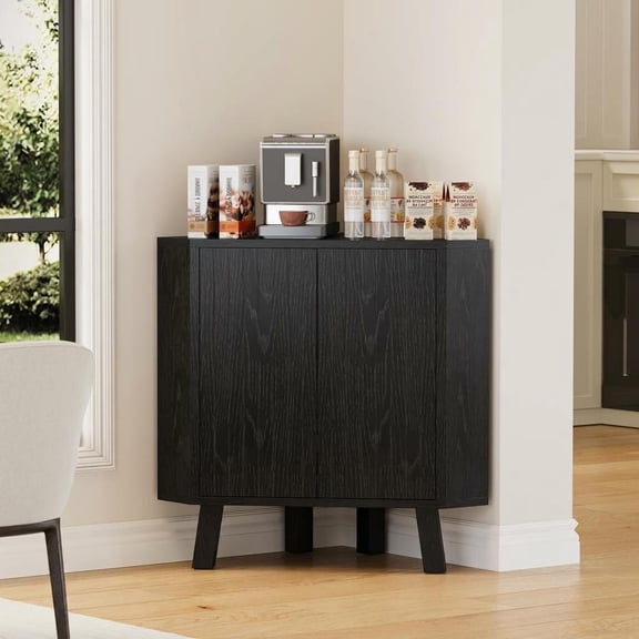 3-Tier Industrial Fluted Corner Cabinet with Adjustable Shelf – Farmhouse Triangle Storage Table, Freestanding End Table for Living Room, Bedroom, Kitchen