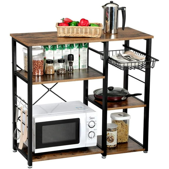 3-Tier Industrial Kitchen Bakers Rack Adjustable Storage Cart Hooked for Microwaves, Ovens, Cookbooks, Spices, and Kitchen Essentials, Workstation Shelf with Vintage Style