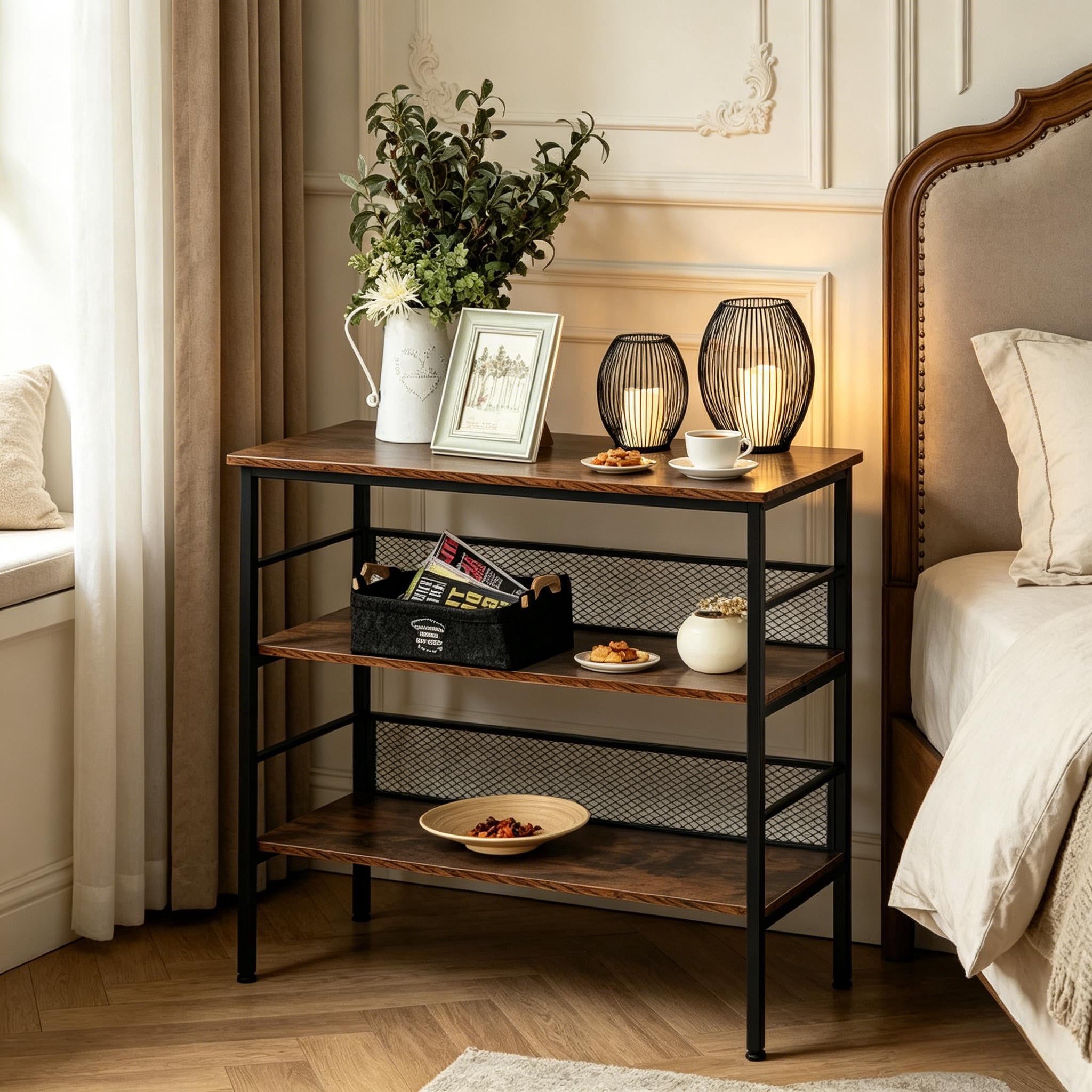 3-Tier Industrial Open Storage Shelving Unit, Brown & Black Standing Display Rack with Anti-Fall Metal Back Panels, Adjustable Feet Organizer for Living Room Study