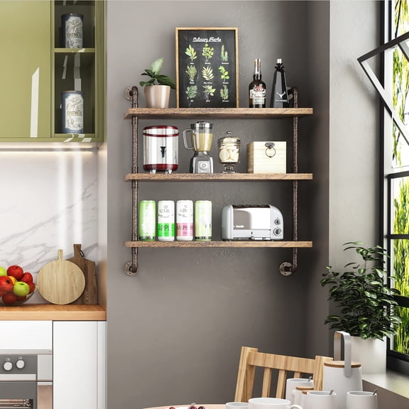 3 Tier Industrial Pipe Shelf Rustic Wood Floating Shelves Wall Display Bookshelf Storage Rack for Kitchen Office Bathroom Organization Home Decor (32inch)