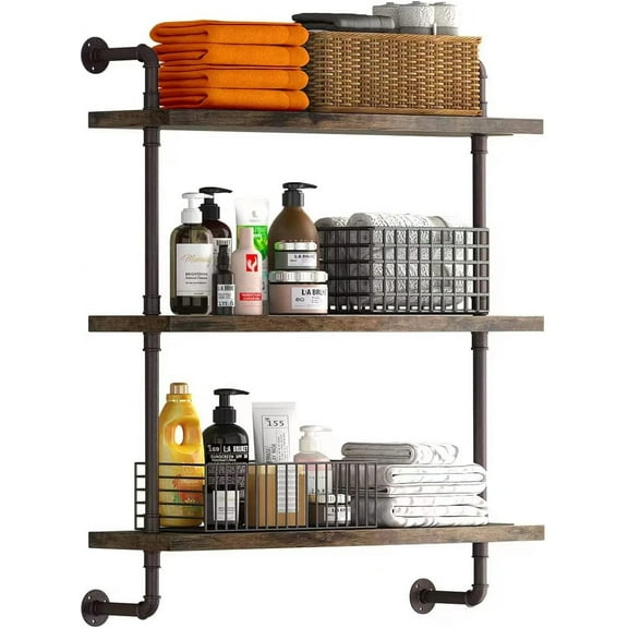3 Tier Industrial Pipe Shelf Rustic Floating Shelves,Wall Display Bookshelf,Storage Rack Sundries Holder for Kitchen Office Bathroom Organization and Decor (24inch)