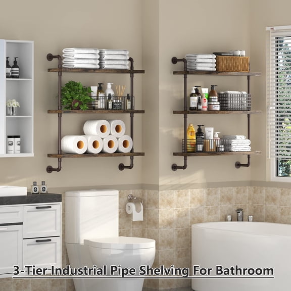 3 Tier Industrial Pipe Shelf Rustic Wood Floating Shelves Wall Display Bookshelf Storage Rack for Kitchen Office Bathroom Organization Home Decor