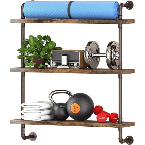 3 Tier Industrial Pipe Shelf Rustic Wood Floating Wall Display Bookshelf Storage Rack Sundries Holder for Kitchen Office Bathroom Organization and Home Decor (32 Inch)
