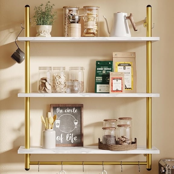 3 Tier Industrial Pipe Shelving, Floating Book Shelves for Wall, Storage Hanging Shelves with Towel Bar for Bathroom Organizer Bedroom Kitchen Plants Office. 31.5 Inch White Marble