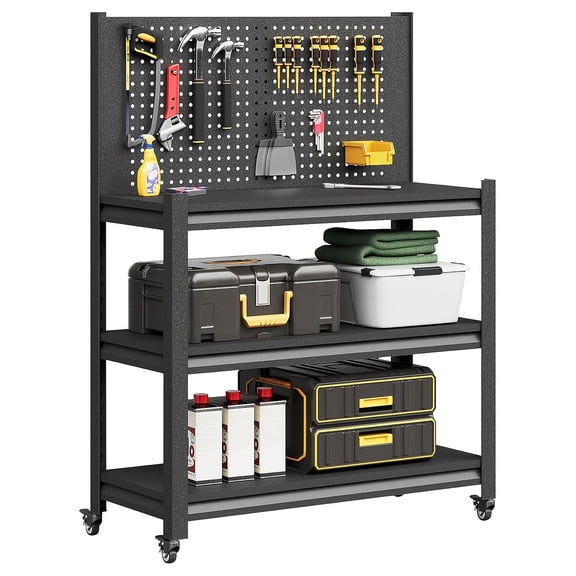 3-Tier Industrial Rolling Tool Rack with Wheels - Durable Metal Storage Organizer for Garage, Shed & Home Organization