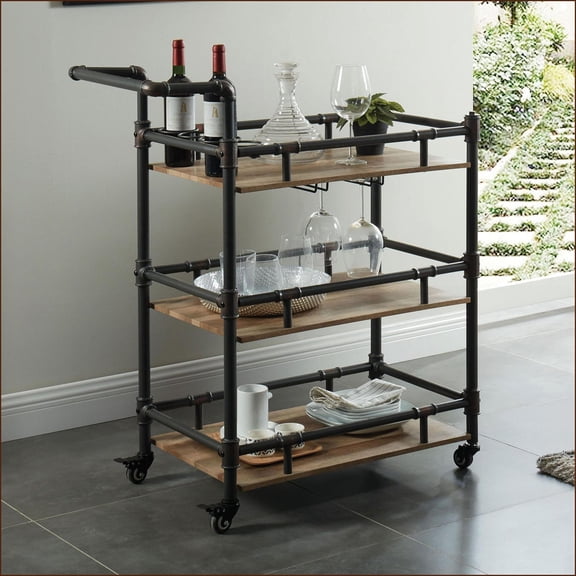 3-Tier Industrial Serving Cart, Antique Black & Natural Oak Metal Frame with Wheels | Dining Room | Oak