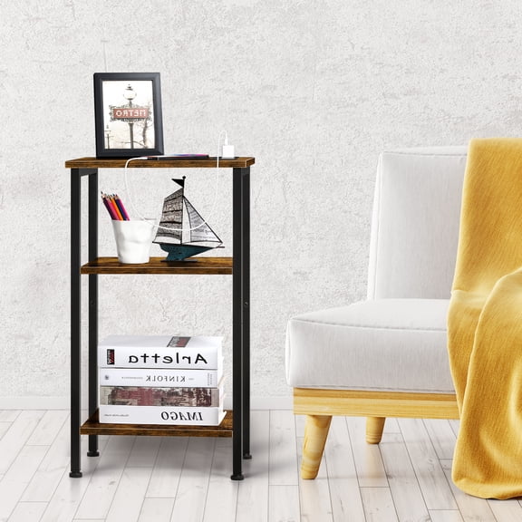 3-Tier Industrial Side Table with Charging Station, Rustic Brown End Table with USB Ports & Shelves for Bedroom, Living Room