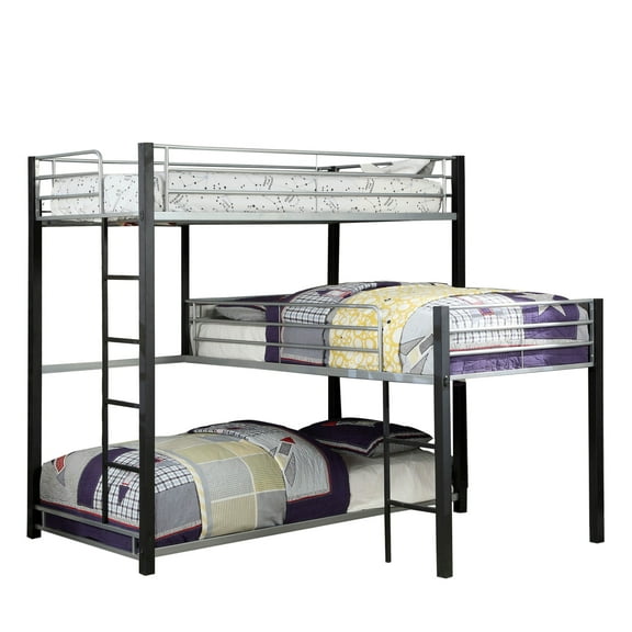 3 Tier Industrial Style Twin Bunk Bed with Corner Design Black and Gray - Saltoro Sherpi
