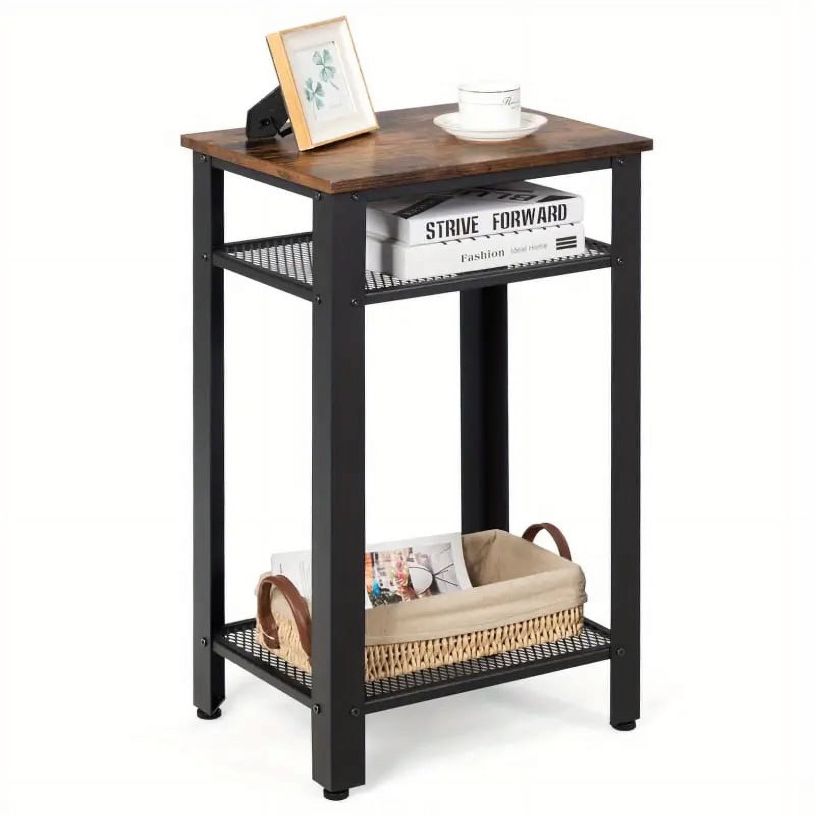 3-Tier Industrial Tall Nightstand Side End Telephone Table w/Mesh Shelves