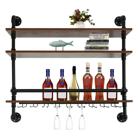 3 Tier Industrial Wine Rack Wall Mounted Floating Shelf Wine Bottle Storage Display Shelf with Glasses Holder