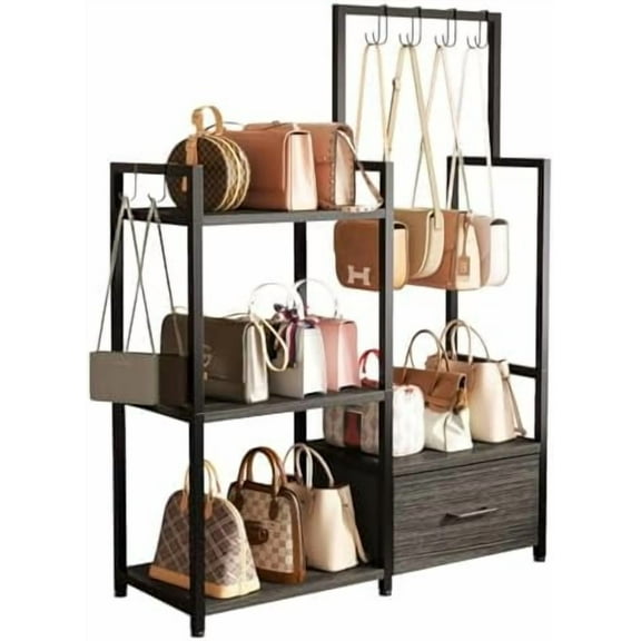 3-Tier Ironwood Purse Rack – Large Drawer & 6 Hooks for Handbag Storage ,Purse Display Shelf& Bag Organizer for Various Bags (Gray)